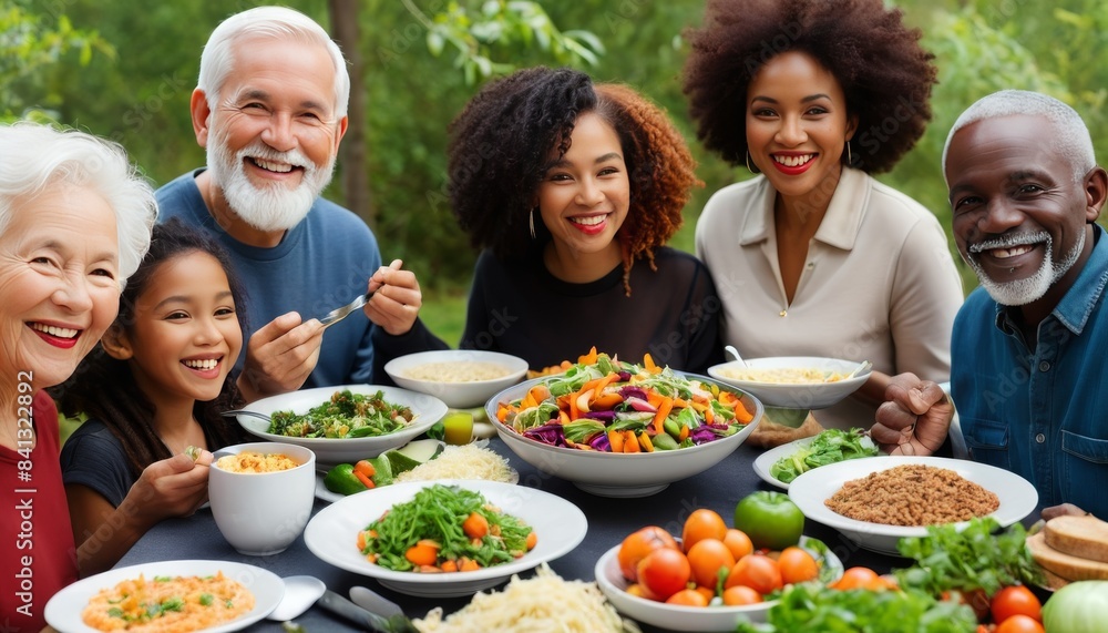 A diverse family of three generations gathers around a table filled with various healthy dishes, smiling and enjoying each other's company in an outdoor setting This image captures the joy and A diverse family of three generations gathers around a table filled with various healthy dishes, smiling and enjoying each other's company in an outdoor setting This image captures the joy and