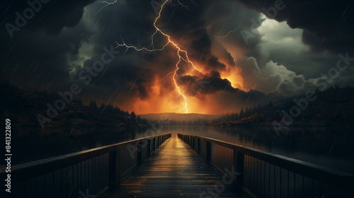 a dock leading to a lake with lightning in the sky