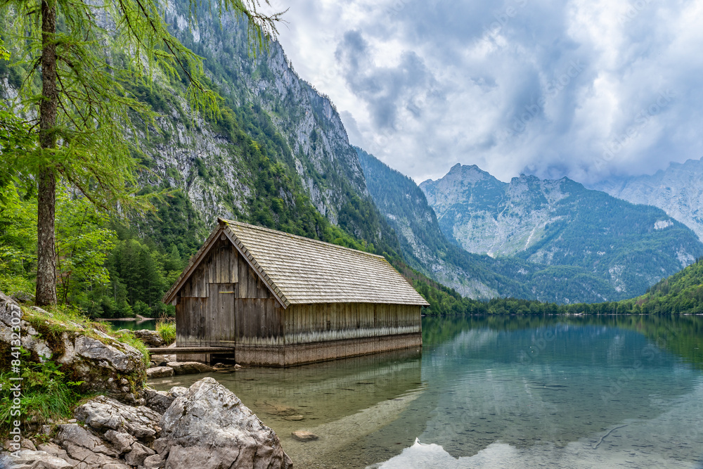 Boat House at Obersee Mountain Lake in Alps, Berchtesgaden, Germany, Europe Boat House at Obersee Mountain Lake in Alps, Berchtesgaden, Germany, Europe