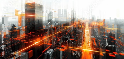 Futuristic cityscape with glowing orange lines, representing advanced technology, innovation, and urban development. photo