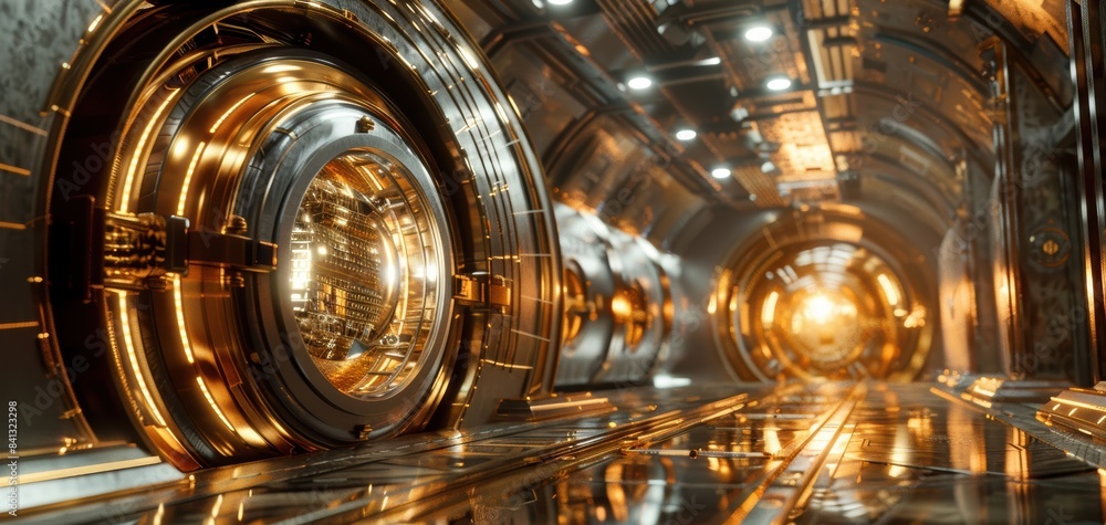 Futuristic, glowing tunnel with metallic design and intricate details, illuminated by golden light. Ideal for science fiction and technology themes. Futuristic, glowing tunnel with metallic design and intricate details, illuminated by golden light. Ideal for science fiction and technology themes.