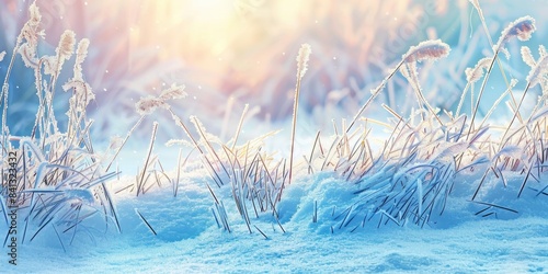 A natural scene showing a grassy area covered with snow and frost