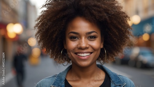 portrait of smiling black woman with an afro hairstyle on the street 