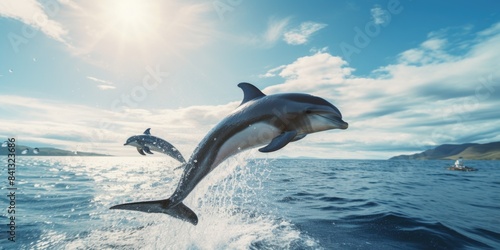 Two dolphins leaping out of the ocean  capturing a moment of playfulness and freedom