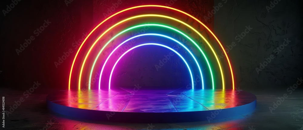 Vibrant 3D neon rainbow light podium set against a dark backdrop, ideal for showcasing tech products, futuristic themes, and fantasy displays Vibrant 3D neon rainbow light podium set against a dark backdrop, ideal for showcasing tech products, futuristic themes, and fantasy displays