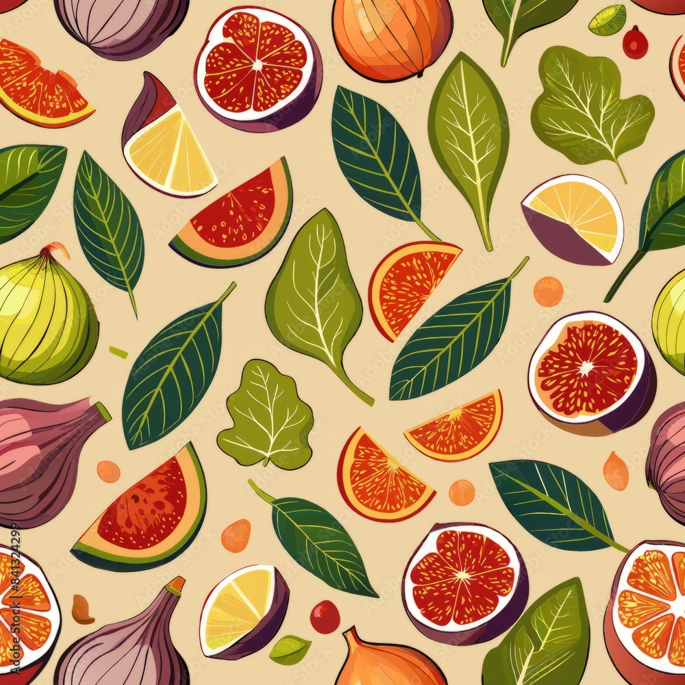 Seamless pattern of hand-drawn figs with whole fruits, halves showing the seeds, and detailed leaves, Generative AI Seamless pattern of hand-drawn figs with whole fruits, halves showing the seeds, and detailed leaves, Generative AI