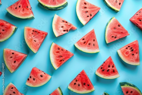 Watermelon slices arranged on a vibrant blue backdrop