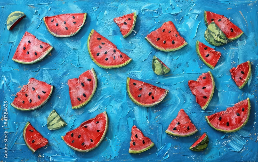 Watermelon slices scattered across a cool blue canvas Watermelon slices scattered across a cool blue canvas