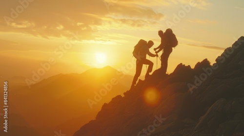 Two people standing at the top of a mountain with a scenic view, suitable for adventure or outdoor-themed projects