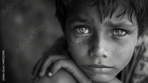 Black and white portrait of a young street child, their face filled with sadness and longing