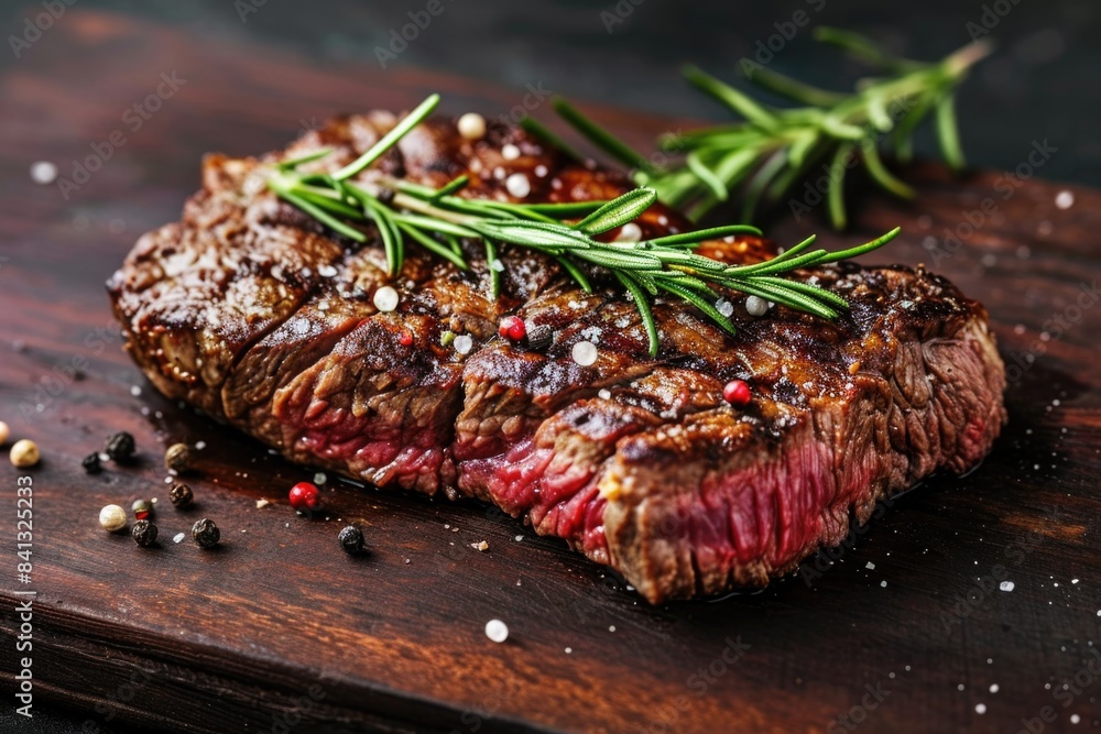 A piece of steak served on a wooden cutting board with a sprig of fresh rosemary A piece of steak served on a wooden cutting board with a sprig of fresh rosemary