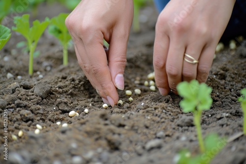 A person plants a plant in the dirt, a simple act of gardening