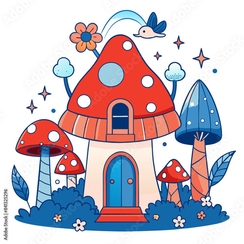 Whimsical fairy forest with glowing mushrooms, fluttering fairies, and a magical treehouse, in a colorful and enchanting style