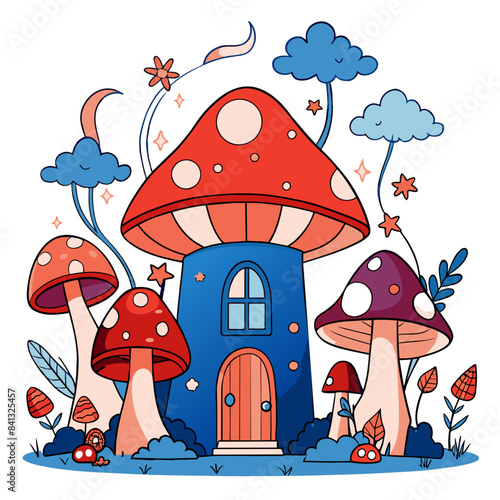 Whimsical fairy forest with glowing mushrooms, fluttering fairies, and a magical treehouse, in a colorful and enchanting style