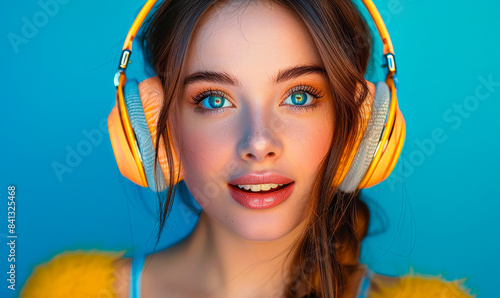 Close-up portrait of cheerful girl with bright blue eyes enjoying music through orange headphones on vibrant blue background, showcasing catchy, positive vibe and love for music