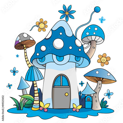 Whimsical fairy forest with glowing mushrooms, fluttering fairies, and a magical treehouse, in a colorful and enchanting style