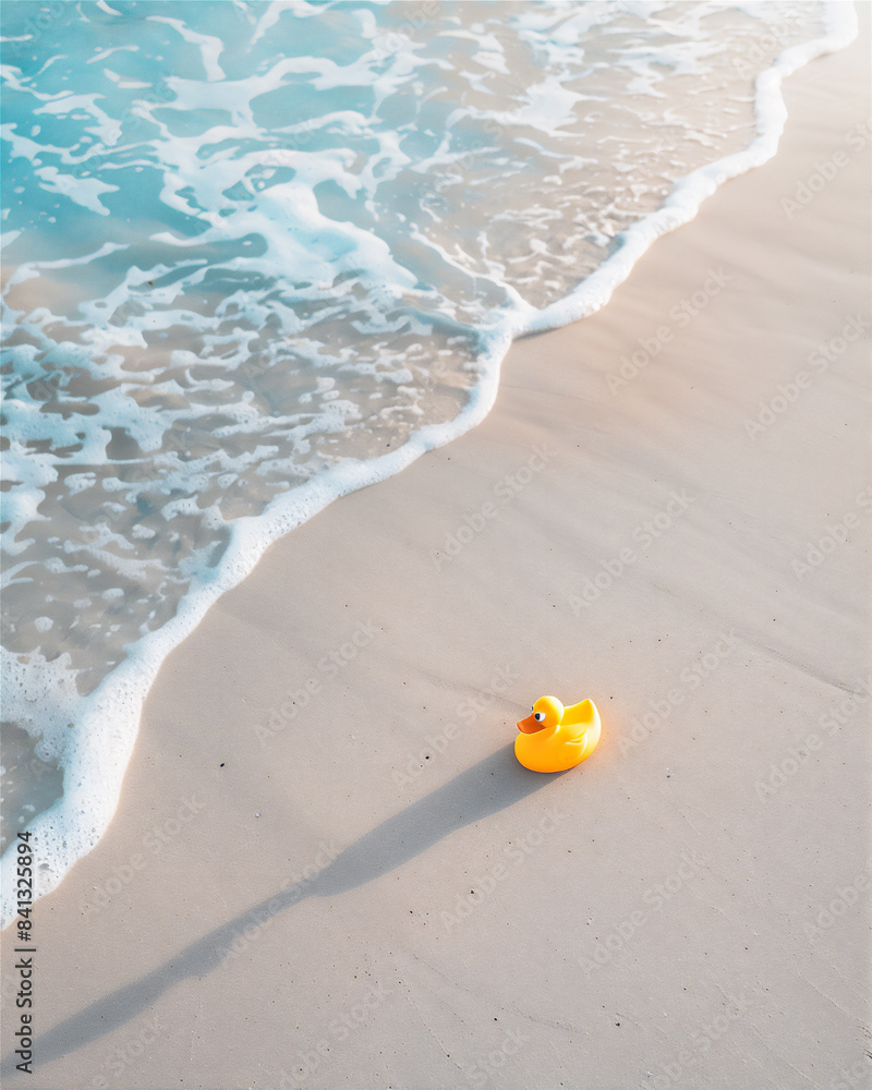 Beach from above with yellow duck toy in sunny day. Summer holiday illustration Beach from above with yellow duck toy in sunny day. Summer holiday illustration