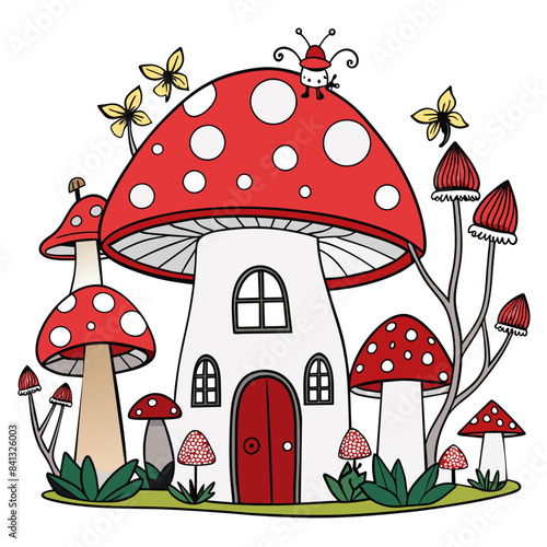 Whimsical fairy forest with glowing mushrooms, fluttering fairies, and a magical treehouse, in a colorful and enchanting style