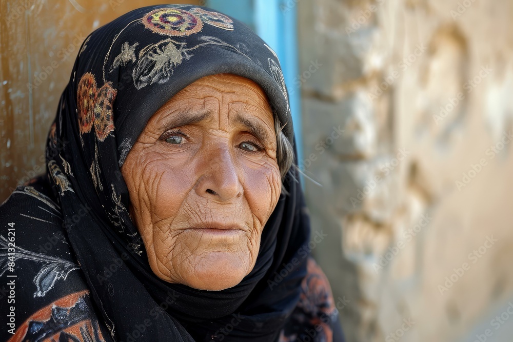 Fototapeta premium Close-up of a senior woman with a headscarf gazing thoughtfully, showcasing wisdom and life experience