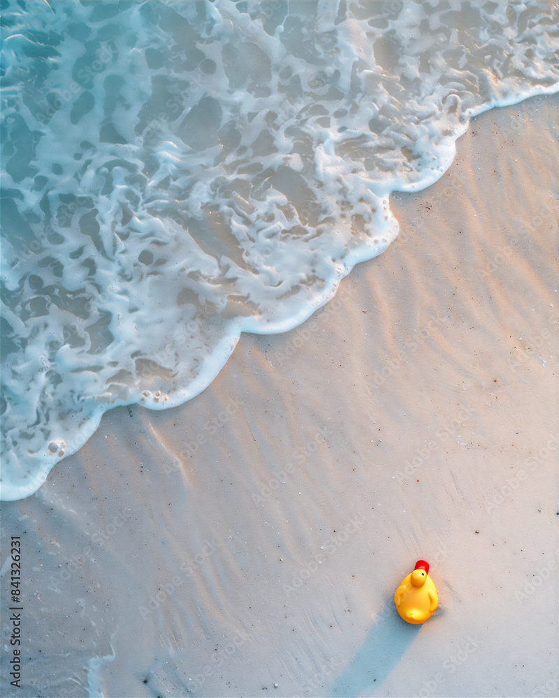 Naklejka premium Beach from above with yellow duck toy in sunny day. Summer holiday illustration