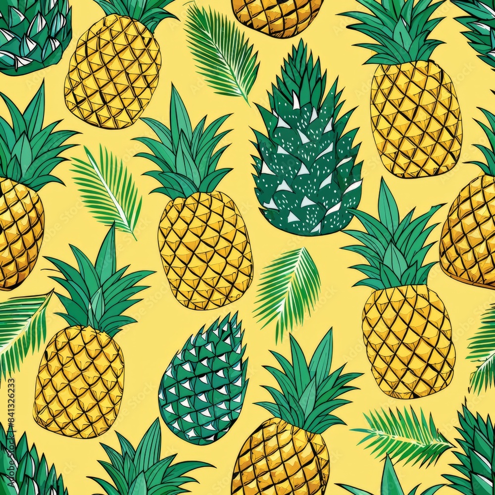 Seamless pattern of hand-drawn pineapples with intricate spiky leaves and textured skin, Generative AI Seamless pattern of hand-drawn pineapples with intricate spiky leaves and textured skin, Generative AI