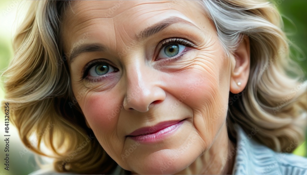 Close-up portrait of a senior woman with a gentle smile and expressive eyes. The wrinkles and soft expression capture the beauty and wisdom of aging.. AI Generation Close-up portrait of a senior woman with a gentle smile and expressive eyes. The wrinkles and soft expression capture the beauty and wisdom of aging.. AI Generation