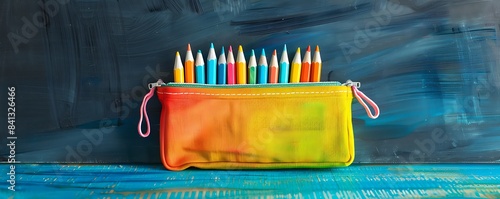 A vibrant pencil case illustrated with a blackboard in the background corner for copy space