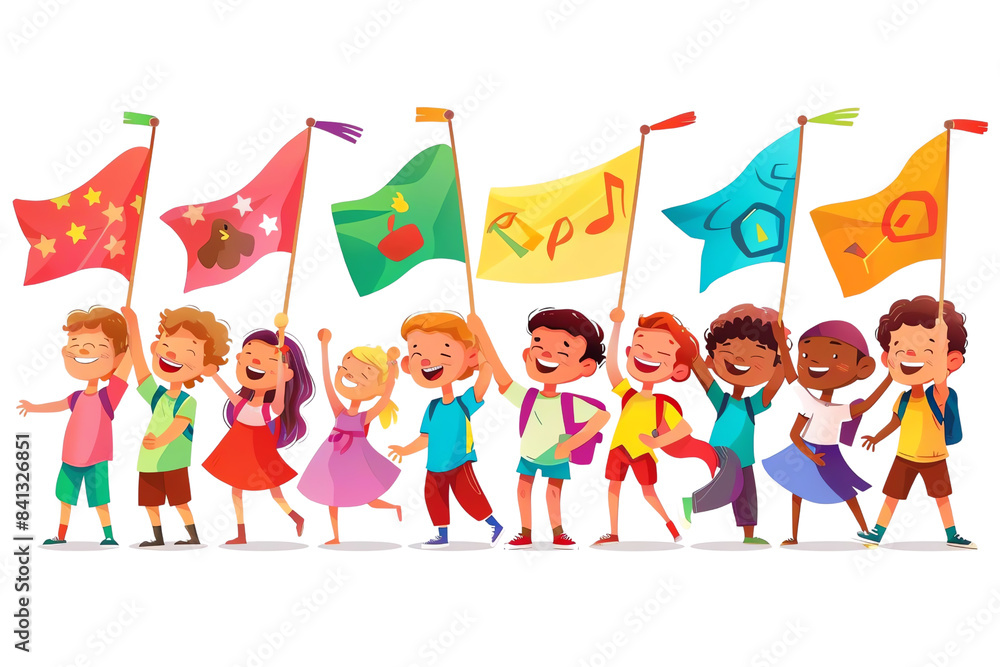 Colorful cartoon illustration of happy children holding festive flags, celebrating diversity and togetherness. Colorful cartoon illustration of happy children holding festive flags, celebrating diversity and togetherness.