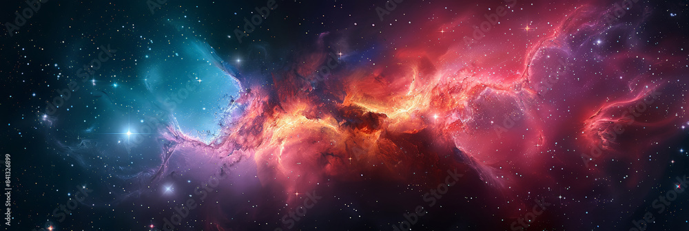 Vibrant cosmic nebula in deep space with swirling colors and sparkling stars, showcasing the beauty and grandeur of the universe in a mesmerizing, celestial scene..