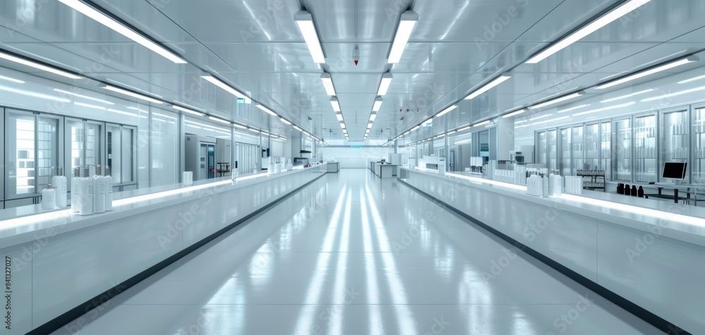 Modern cleanroom laboratory with advanced technology, sleek design, stainless steel surfaces, and bright lighting ideal for scientific research. Modern cleanroom laboratory with advanced technology, sleek design, stainless steel surfaces, and bright lighting ideal for scientific research.