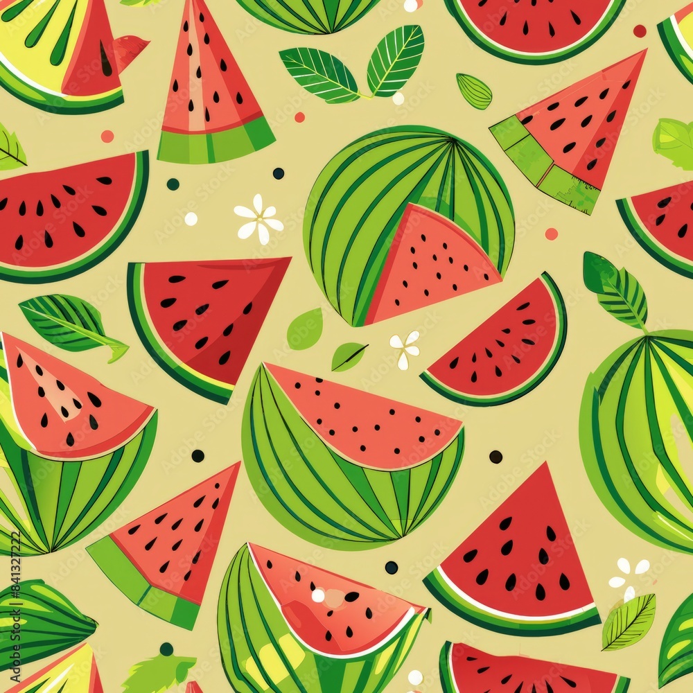 Seamless pattern of hand-drawn watermelons with whole fruits, slices, and seeds, Generative AI Seamless pattern of hand-drawn watermelons with whole fruits, slices, and seeds, Generative AI