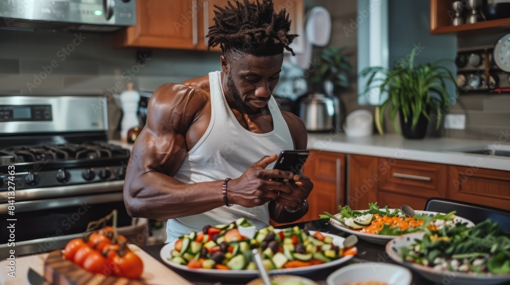 A muscular man with dreadlocks stands in a modern kitchen, checking his phone while preparing a healthy meal. A muscular man with dreadlocks stands in a modern kitchen, checking his phone while preparing a healthy meal.