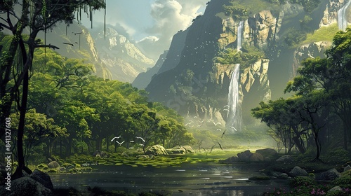 Enchanted Forest with Waterfalls  Description  A stunning fantasy landscape featuring majestic waterfalls surrounded by lush greenery and vibrant flora.