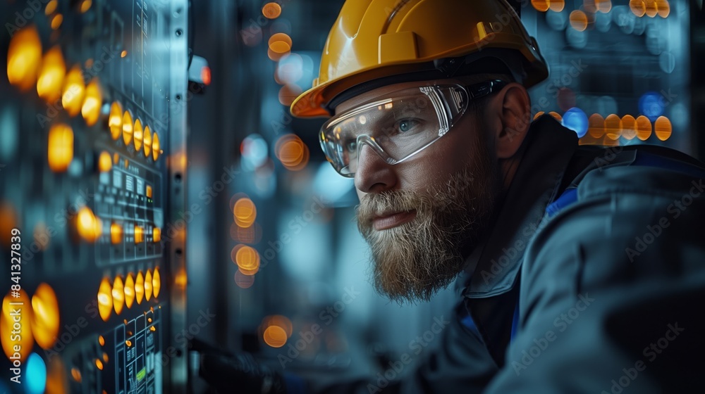 Engineer Inspecting Control Panel. Engineer inspecting a control panel, emphasizing technical skills, precision, and the importance of monitoring industrial systems. Engineer Inspecting Control Panel. Engineer inspecting a control panel, emphasizing technical skills, precision, and the importance of monitoring industrial systems.
