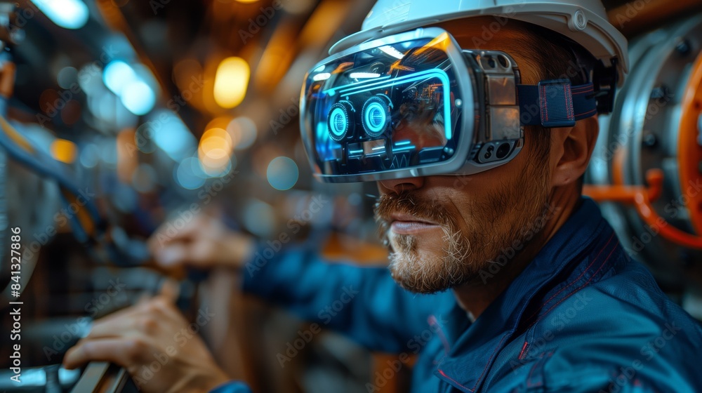 Engineer Using Virtual Reality for Maintenance. Engineer using virtual reality goggles for maintenance tasks, showcasing advanced technology and innovative engineering solutions. Engineer Using Virtual Reality for Maintenance. Engineer using virtual reality goggles for maintenance tasks, showcasing advanced technology and innovative engineering solutions.