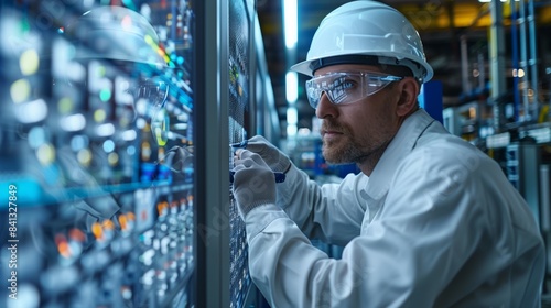 Technician Working on Circuit Board. Technician working on a circuit board, highlighting technical expertise, precision, and the complexity of electronic systems.