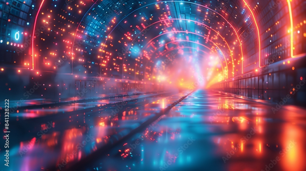 A digital illustration of a futuristic city tunnel with neon lights reflecting on the wet pavement. A digital illustration of a futuristic city tunnel with neon lights reflecting on the wet pavement.
