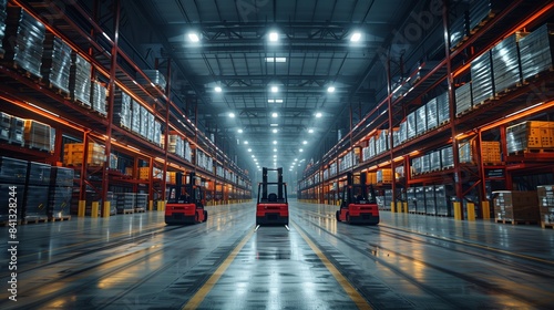 Organized Warehouse with Forklifts. Well-organized warehouse with forklifts and neatly stacked shelves, showcasing an efficient and orderly storage environment.