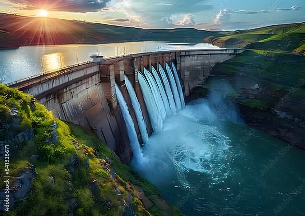The dam is full of water and there's an endless waterfall flowing from it The dam is full of water and there's an endless waterfall flowing from it