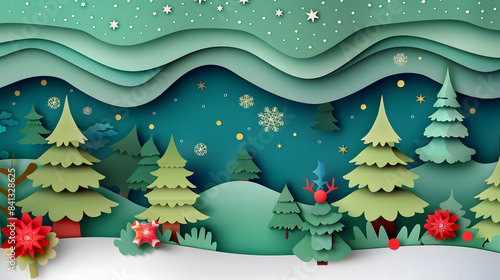 Christmas background paper art style. Merry Christmas banner with product display cylindrical shape.