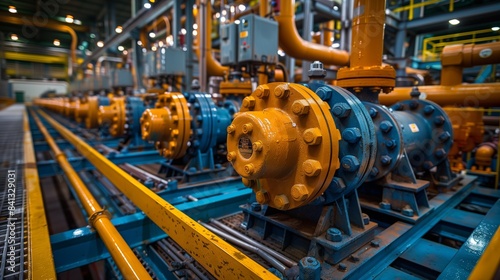 Industrial Piping System in Factory. Detailed view of an industrial piping system in a factory, showcasing the complexity and efficiency of the machinery.