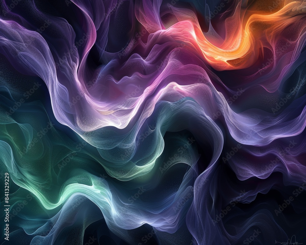 Obraz premium Dynamic abstract art depicting colorful swirling smoke with vibrant gradients and flowing forms, creating a mesmerizing and ethereal visual effect.