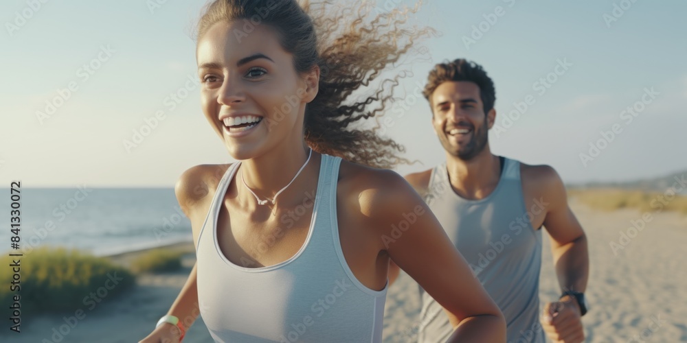 A couple jogging together on a sunny beach A couple jogging together on a sunny beach