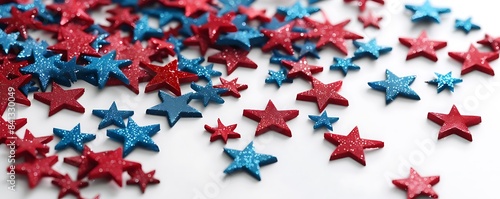 Bright and festive scatter of red and blue stars on a white background, perfect for holiday designs.