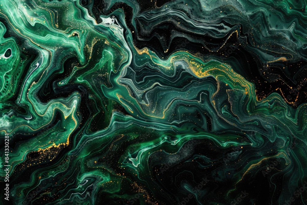 A close-up view of a green and black marble surface with unique patterns and textures A close-up view of a green and black marble surface with unique patterns and textures