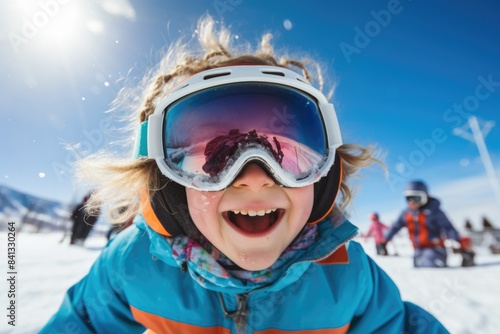 A young girl wearing ski goggles and skiing on a snowy slope, possibly learning to ski or having fun in the snow