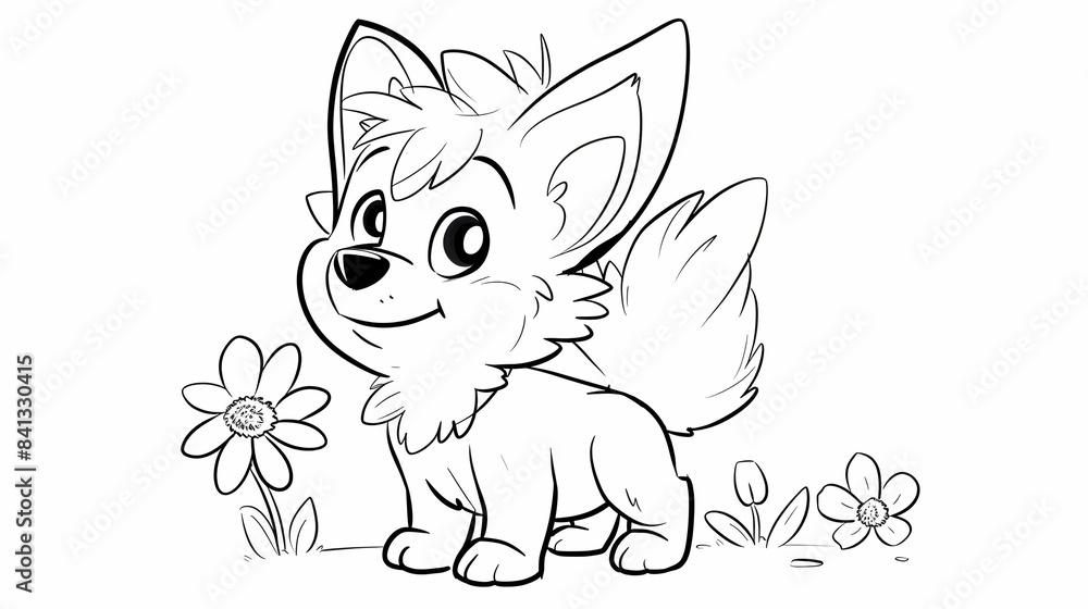 Fototapeta premium Coloring pictures of a cute fox standing among flowers with a cheerful expression.