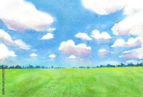 Hand drawn watercolor illustration of green grass, trees, blue sky and fluffy clouds as nature country background