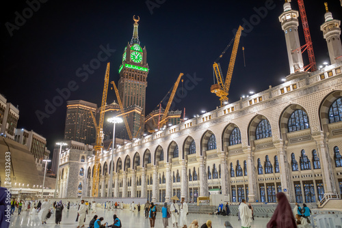 View of the Mecca Clock Tower at night during the Hajj season