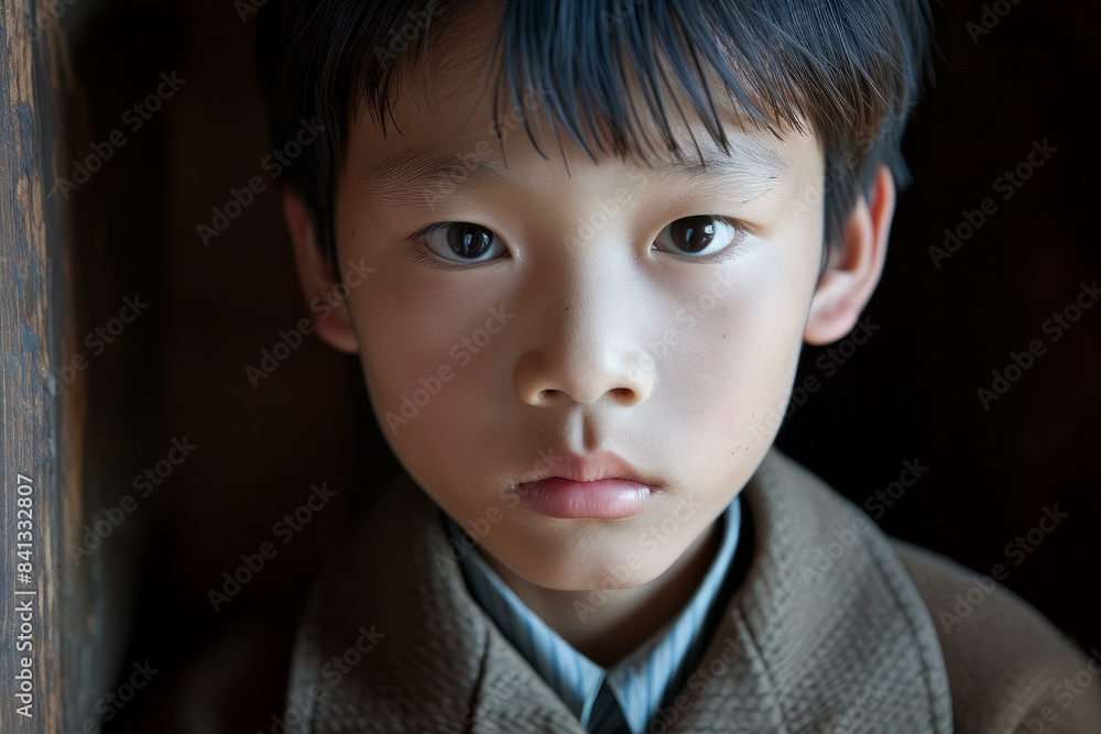 Close-up of a young boy with an introspective gaze, natural light illuminating his features Close-up of a young boy with an introspective gaze, natural light illuminating his features